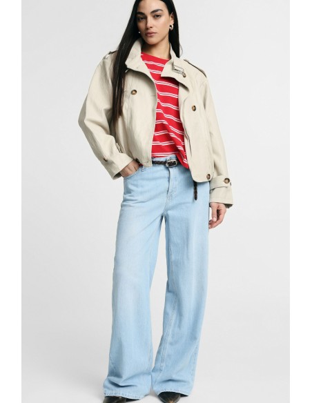 Jeans de perna larga, cintura alta, cinco bolsos Please
