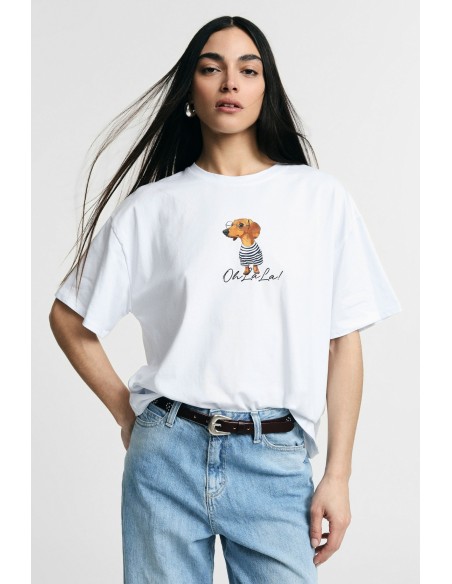 T-shirt ampla com estampa gráfica frontal de cão Please