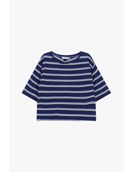 T-shirt às riscas gola redonda corte boxy Please