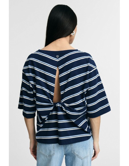 T-shirt às riscas, gola redonda, corte boxy Please