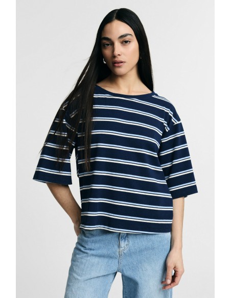 T-shirt Às Riscas Gola Redonda Corte Boxy Please