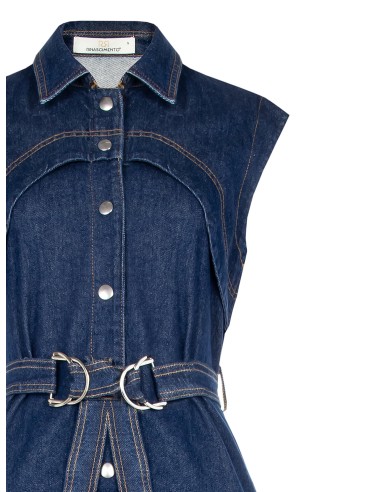 Vestido Curto em Denim Elástico com Bolsos e Cinto Coordenado Rinascimento