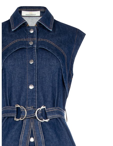 Vestido Curto em Denim Elástico com Bolsos e Cinto Coordenado Rinascimento