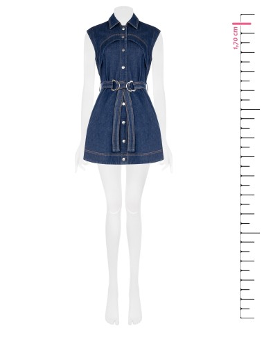 Vestido Curto em Denim Elástico com Bolsos e Cinto Coordenado Rinascimento