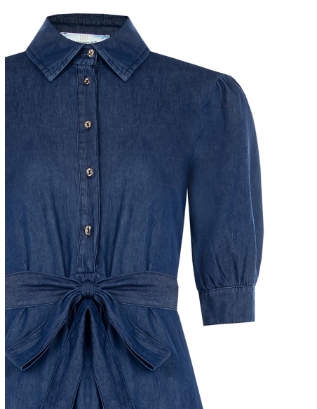 Vestido midi chemise em ganga leve com mangas 3/4 e cinto coordenado Rinascimento