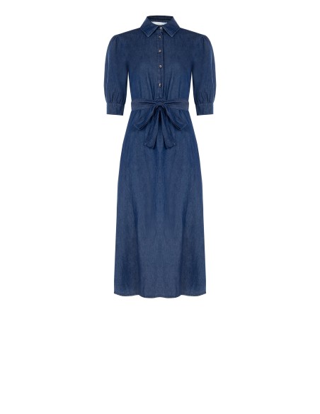 Vestido midi camiseiro em ganga leve com mangas 3/4 e cinto coordenado Rinascimento