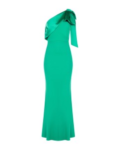 Vestido longo evasé em scuba crepe com laço em cetim Rinascimento