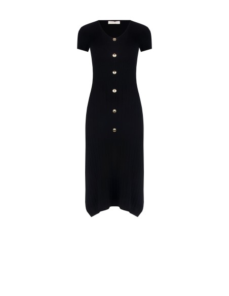 Vestido tubinho em malha com canelado fino que se alarga na bainha, com decote em V Rinascimento