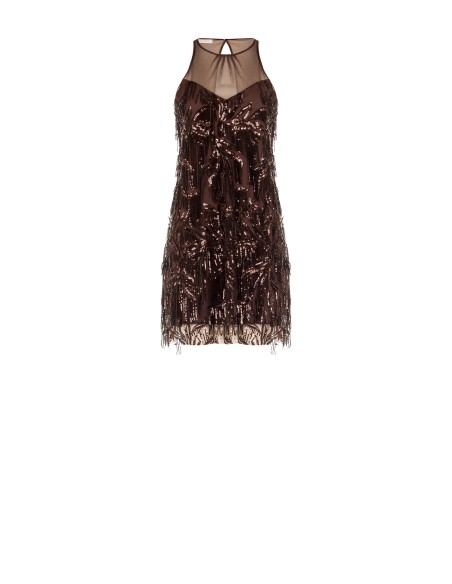 Vestido Curto em Tule com Bordados e Franjas de Lantejoulas Rinascimento