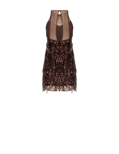 Vestido Curto em Tule com Bordados e Franjas de Lantejoulas Rinascimento