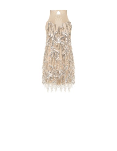 Vestido Curto em Tule com Bordados e Franjas de Lantejoulas Rinascimento