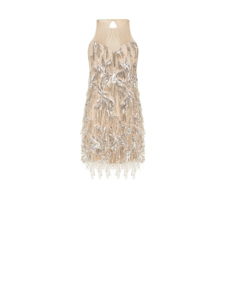 Vestido Curto em Tule com Bordados e Franjas de Lantejoulas Rinascimento