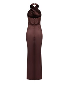 Vestido longo cruzado em cetim com decote entrelaçado Rinascimento 2