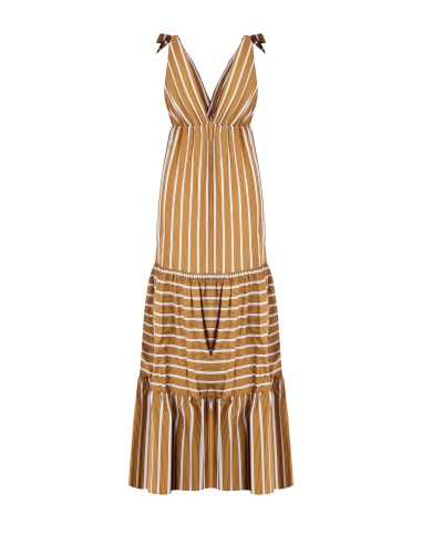 Vestido Longo Com Folhos Às Riscas Em Mistura De Viscose Com Duplo Decote Em V Rinascimento