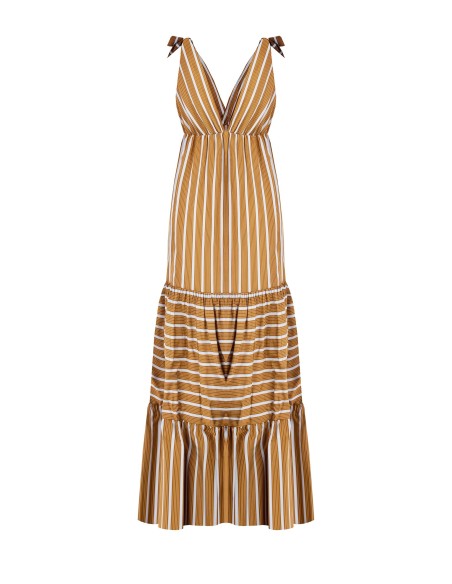 Vestido Longo Com Folhos Às Riscas Em Mistura De Viscose Com Duplo Decote Em V Rinascimento