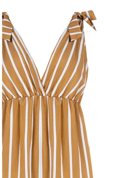 Vestido longo com folhos às riscas em mistura de viscose com decote duplo em V Rinascimento