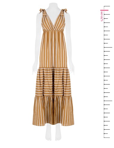 Vestido longo com folhos às riscas em mistura de viscose com duplo decote em V Rinascimento