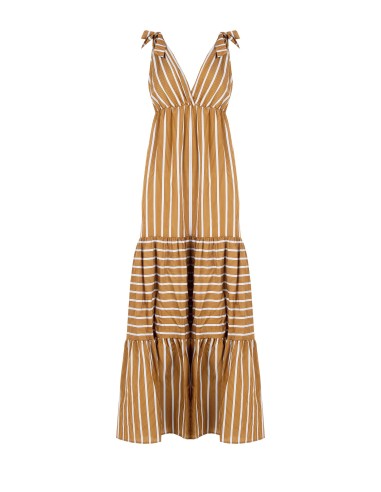 Vestido Longo às Riscas com Folhos em Mistura de Viscose e Decote Duplo em V Rinascimento