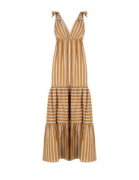 Vestido Longo às Riscas com Folhos em Mistura de Viscose e Decote Duplo em V Rinascimento