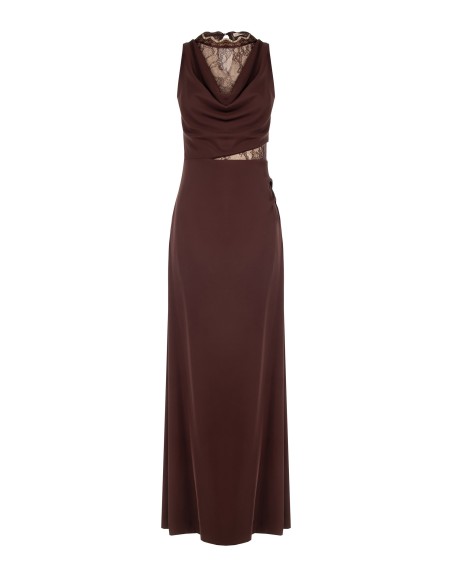 Vestido longo tipo slip em tecido fluido com inserções em renda Rinascimento