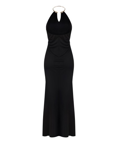 Vestido longo tipo slip em malha com colar integrado e cinto Rinascimento