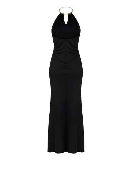 Vestido longo tipo slip em malha com colar integrado e cinto Rinascimento