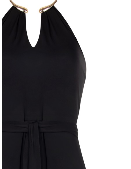 Vestido Longo Fluido Em Malha Com Colar Integrado E Cinto Rinascimento