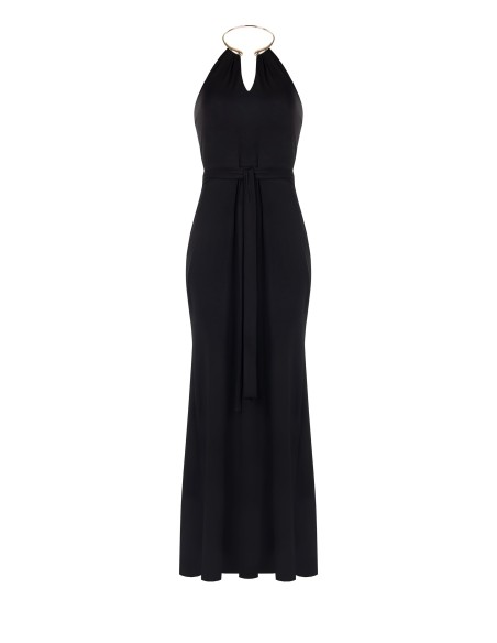 Vestido Longo Estilo Slip Em Malha Jersey Com Colar Integrado E Cinto Rinascimento
