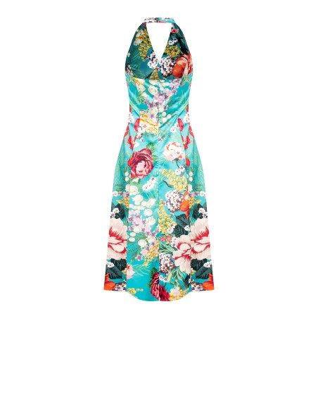 Vestido Midi em Cetim Duchesse Floral com Costas Descobertas e Bolsos Rinascimento