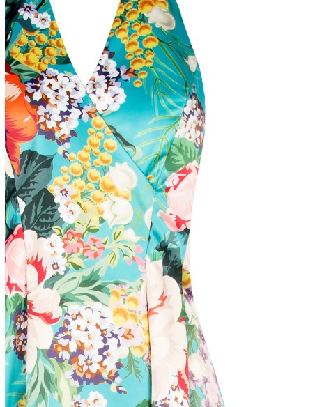 Vestido midi em cetim duchesse floral com costas descobertas e bolsos Rinascimento