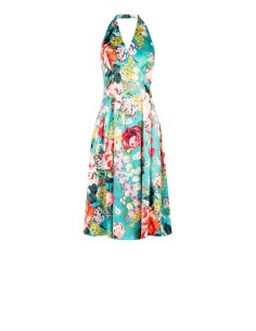 Vestido midi em cetim duchesse floral com costas descobertas e bolsos Rinascimento