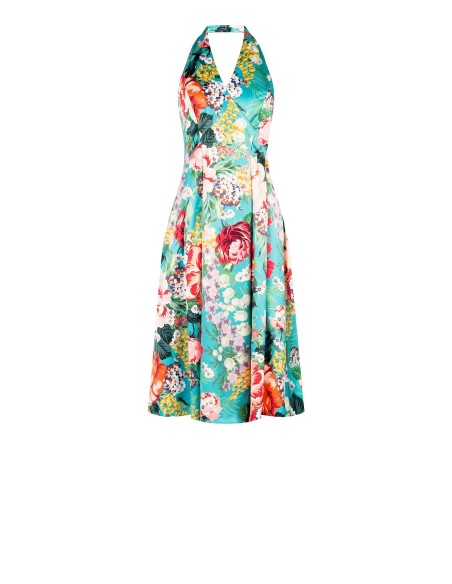 Vestido midi em cetim duchesse floral com costas descobertas e bolsos Rinascimento