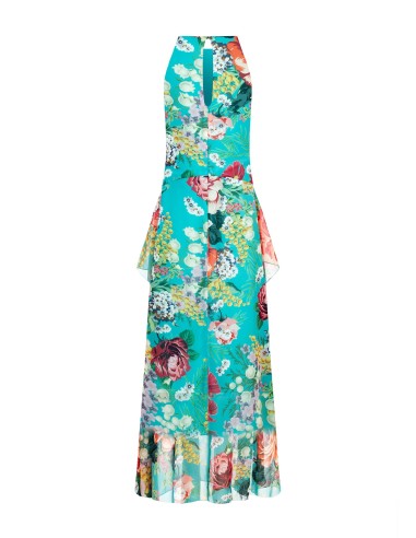 Vestido Longo em Georgette Floral com Folhos nos Quadris Rinascimento