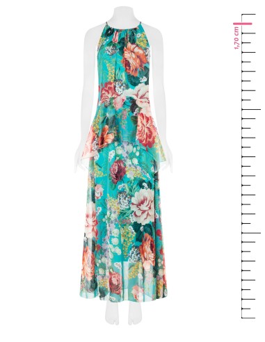 Vestido Longo em Georgette Floral com Folhos nos Quadris Rinascimento