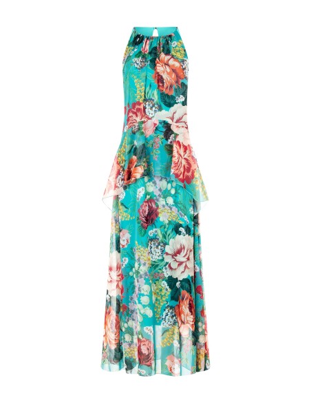 Vestido longo em georgette floral com folhos nos flancos Rinascimento