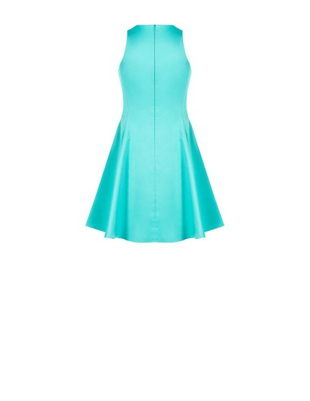 Vestido curto cintado com saia rodada em mistura de algodão estruturado, com laço e detalhe em joia Rinascimento