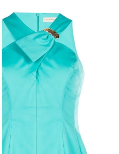Vestido curto acinturado com saia rodada em mistura de algodão estruturado, com laço e detalhe de joia Rinascimento