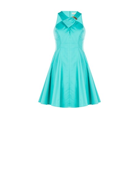 Vestido Curto Cinturado Com Saia Rodada Em Mistura De Algodão Estruturado Com Laço E Detalhe De Joia Rinascimento