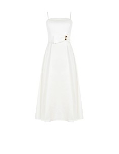 Vestido midi rodado em mistura de algodão estruturado com laço e detalhe em joia Rinascimento