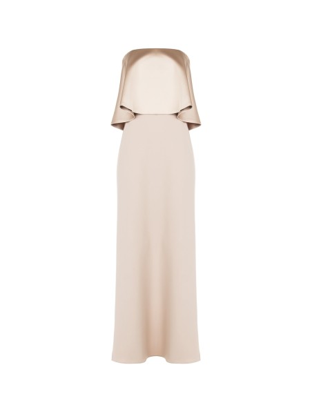 Vestido longo de faixa em scuba crepe com maxi folho em cetim Rinascimento