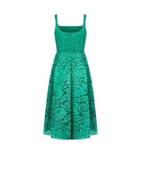 Vestido midi rodado em renda com cinto fino rígido combinado Rinascimento