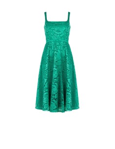 Vestido midi com saia rodada em renda e cinto fino rígido coordenado Rinascimento