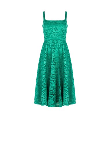 Vestido midi com saia rodada em renda e cinto fino rígido coordenado Rinascimento