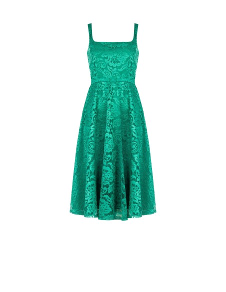 Vestido midi com saia rodada em renda e cinto fino rígido coordenado Rinascimento