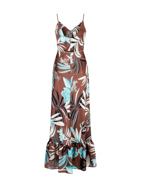 Vestido maxi em cetim floral com barra em folho e cinto em corda combinada Rinascimento