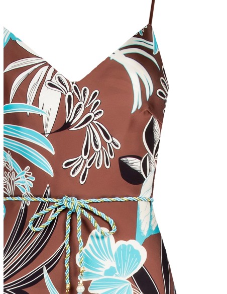 Vestido maxi em cetim com padrão floral, com barra de folho e cinto em corda combinando Rinascimento