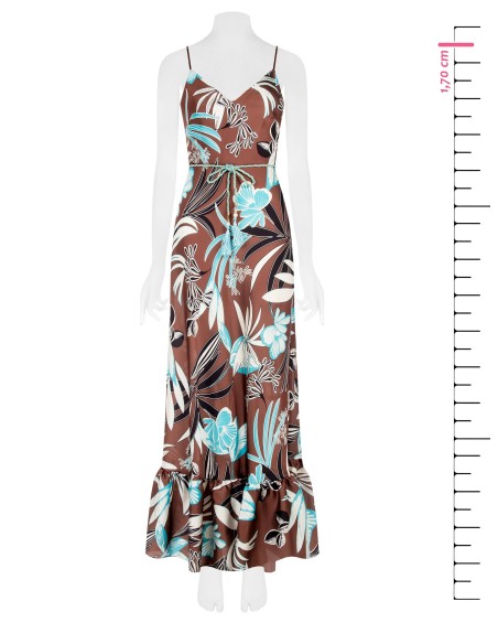 Vestido maxi em cetim floral com bainha com folho e cinto em corda combinada Rinascimento