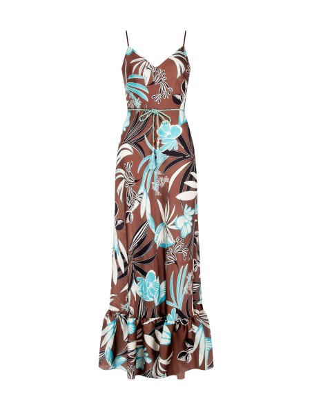 Vestido maxi em cetim estampado floral, com barra em folho e cinto de corda combinado Rinascimento