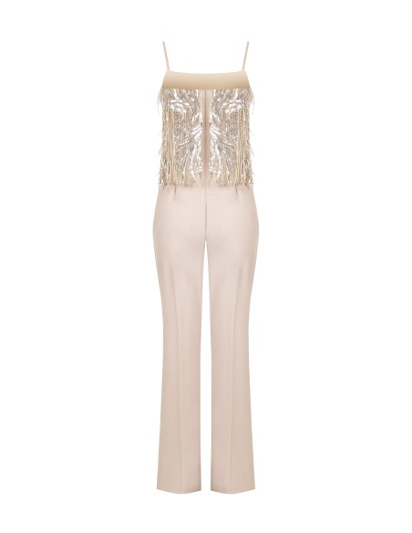 Macacão Palazzo em Tecido Fluido com Bordados e Franjas em Lantejoulas Rinascimento