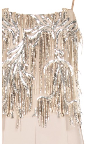 Macacão palazzo inteiro em tecido fluido com bordados e franjas em lantejoulas Rinascimento